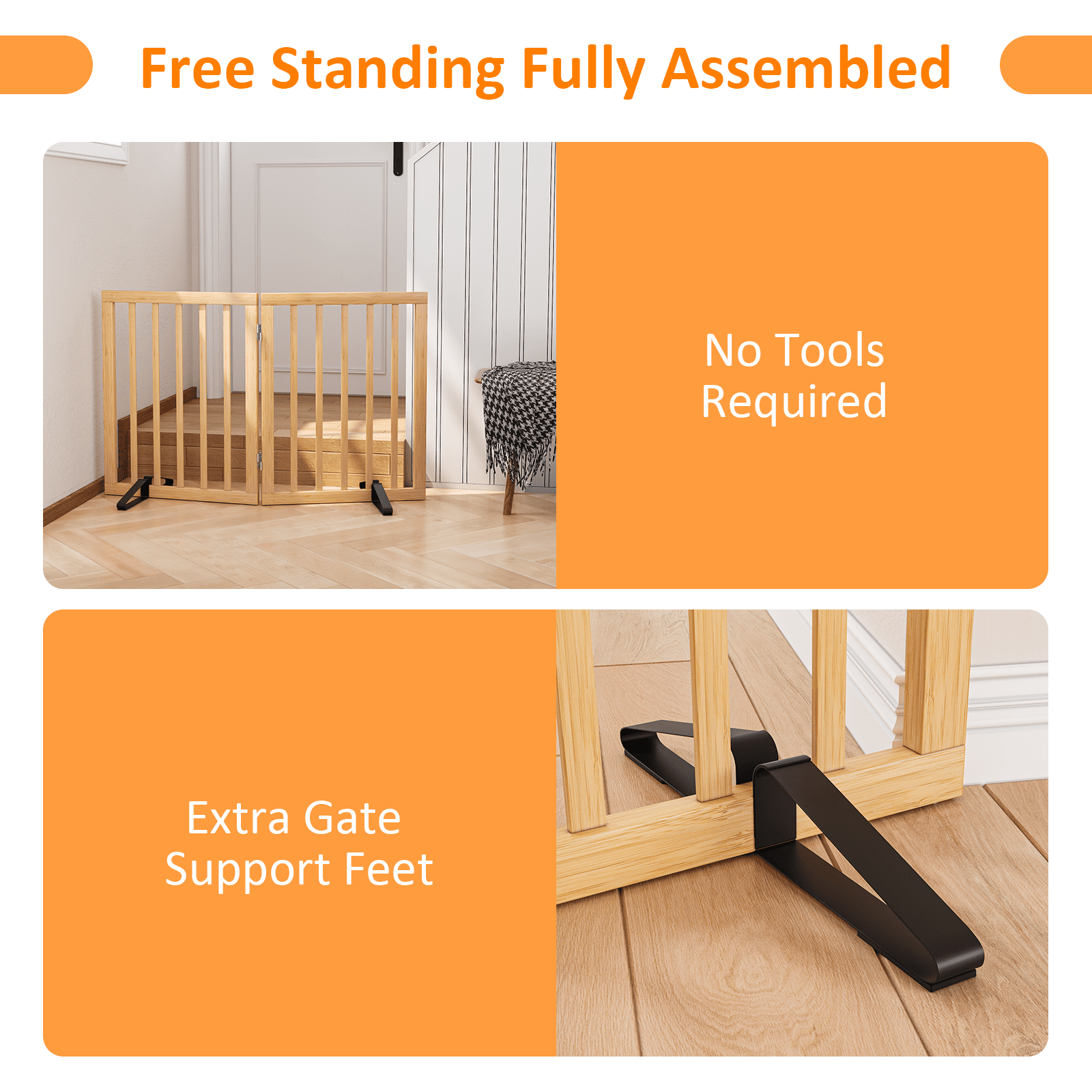 Smart FENDEE Bamboo Dog Gates for Doorways Freestanding Pet Gate, 2 Support Feet, 24"H, Natural