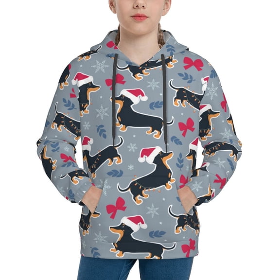 Kdxio Christmas Hat Dachshund Pattern Boys Athletic Unisex Boys Girls Hoodie with Pocket Sweatshirts-Small