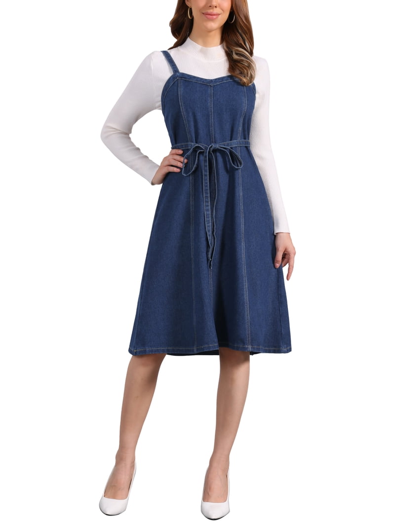 INSPIRE CHIC Women Midi Denim Dress Sleeveless Sweetheart Neck Smocked Cross Back A-Line Belted Jean Dresses L Dark Blue, Women's, Size: Large