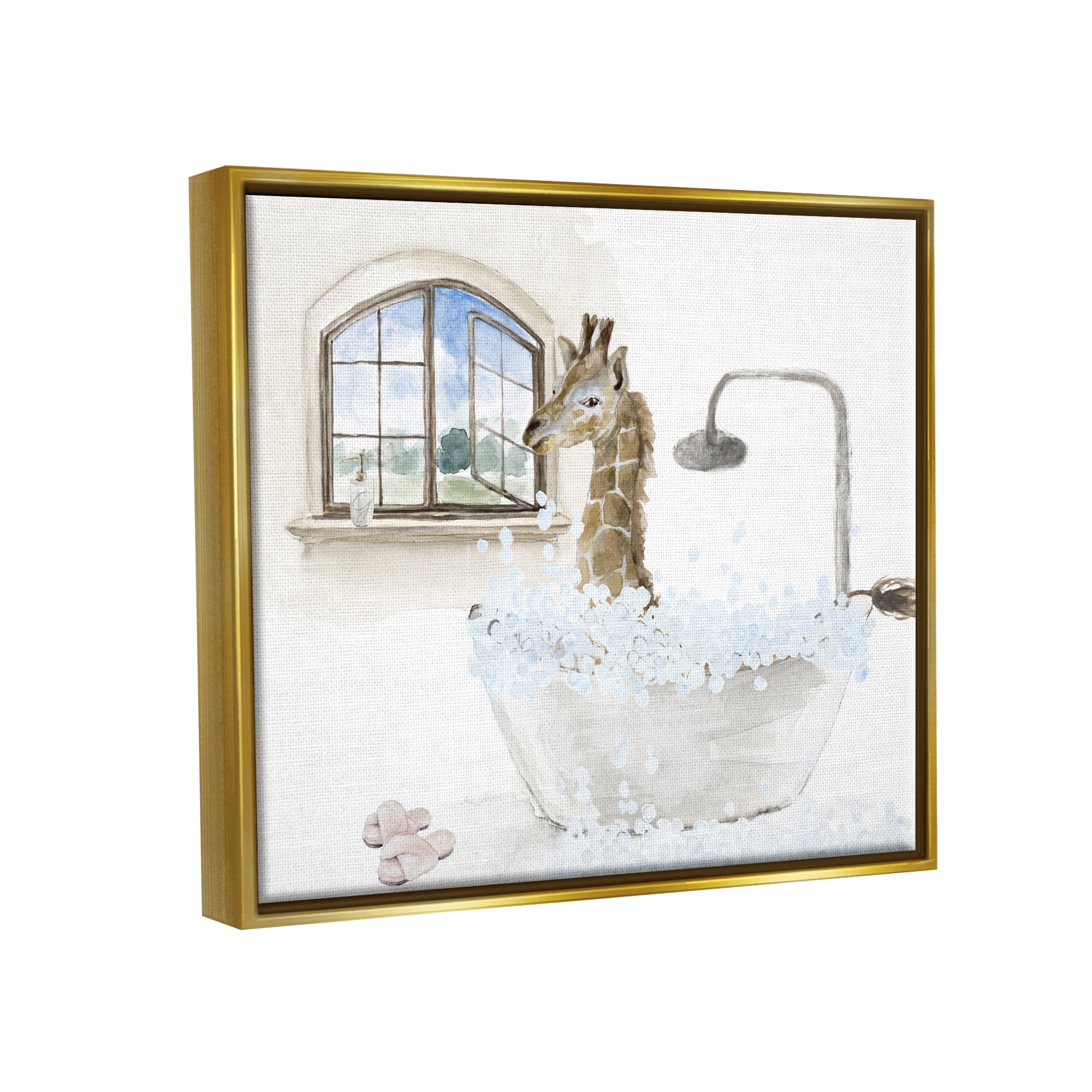 Stupell Giraffe Bubble Bath Animal Scene Animals & Insects Painting Gold Floater Framed Art Print Wall Art