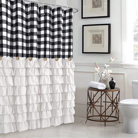 Farmhouse Shower Curtain Black and White Buffalo Plaid Pattern Fabric with Buttons & White Ruffles 72"x72"