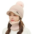 thumbnail image 3 of YAOBAMM Thick Hat Scarf Set Hat Scarf Set 2 Pcs Set Knitted Plush Ball Decor Solid Color Knitted Elastic Soft Thermal Windproof Wide Brim Baseball Neck, 3 of 7
