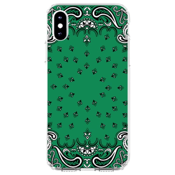 DistinctInk Clear Shockproof Hybrid Case for iPhone XR (6.1" Screen) - TPU Bumper, Acrylic Back, Tempered Glass Screen Protector - Bandana Print - Green, Black, White
