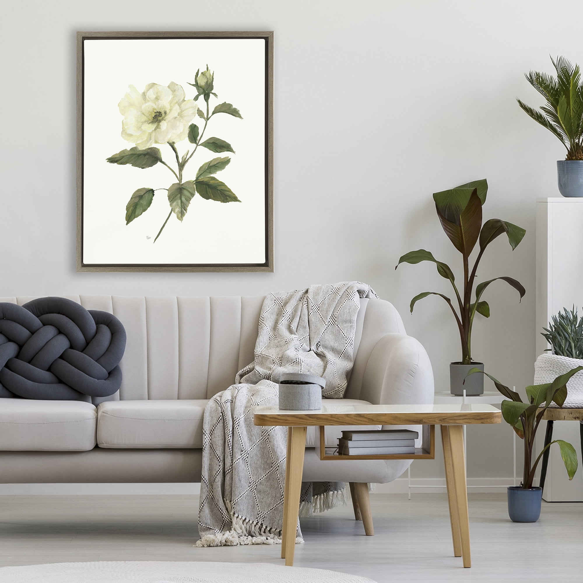 Stupell Industries Ivory Rose Bloom With Green Foliage Brown Framed Floater Canvas Wall Art, design by Nan