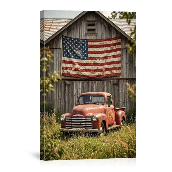 Vintage Red Truck With American Flag On Old Barn Farmhouse Rustic For Living Room Canvas