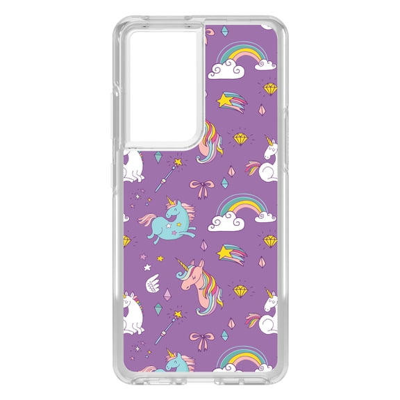 DistinctInk Clear Shockproof Hybrid Case for Galaxy S21 ULTRA 5G (6.8" Screen) - TPU Bumper, Acrylic Back, Tempered Glass Screen Protector - Unicorn Rainbow Wand Pattern - Purple