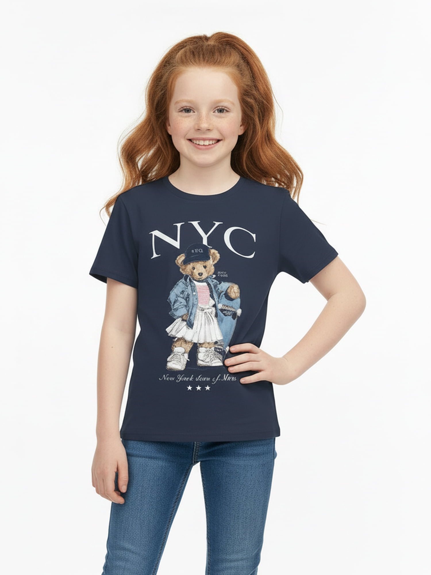 Wonder Nation Girls' Graphic Skater Bear Tee with Short Sleeves, Sizes 4-18