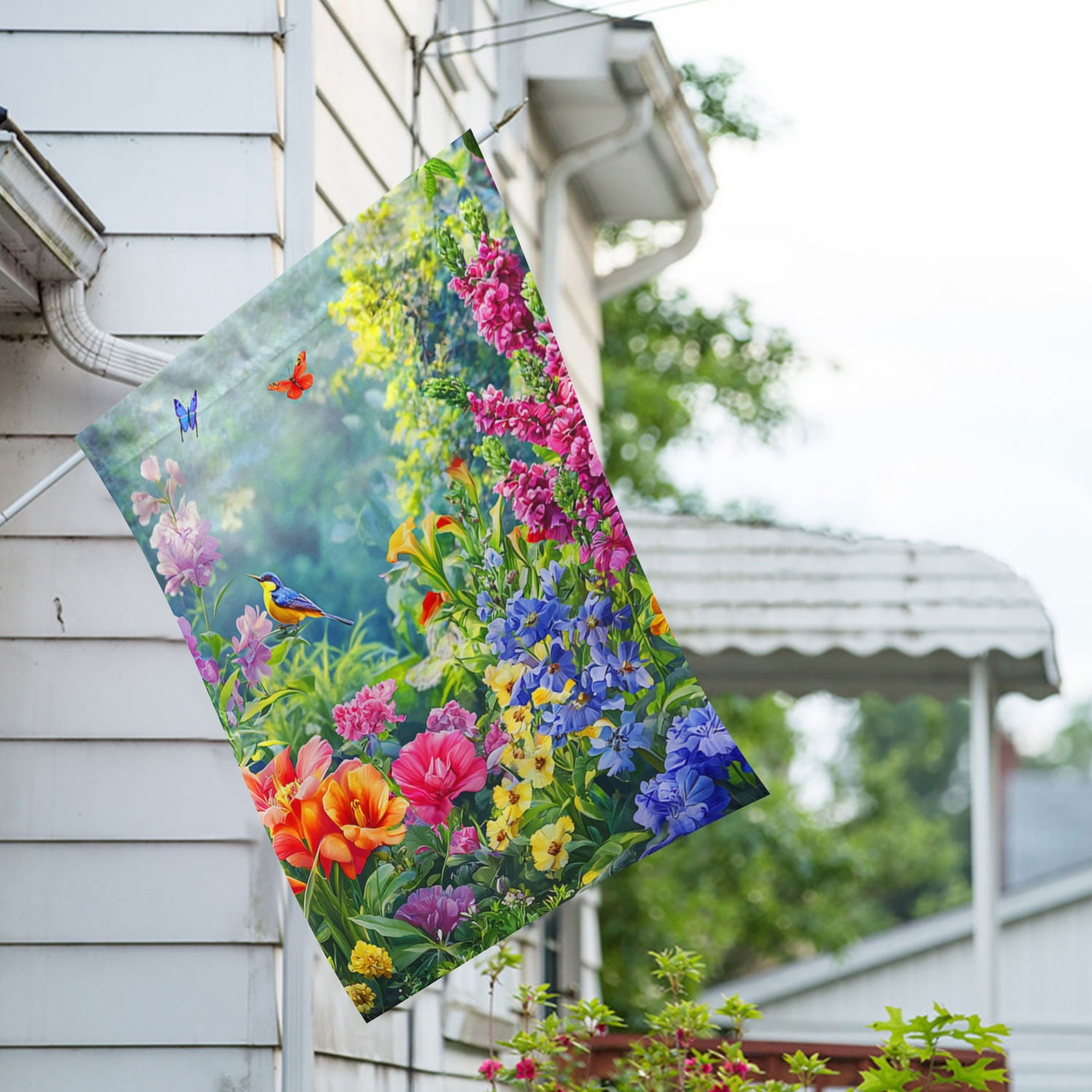 America Forever Summer Garden Bird House Flag, 28 x 40 inch Double Sided, Flowers Butterfly Wildlife, Spring Cottage Nature Banner