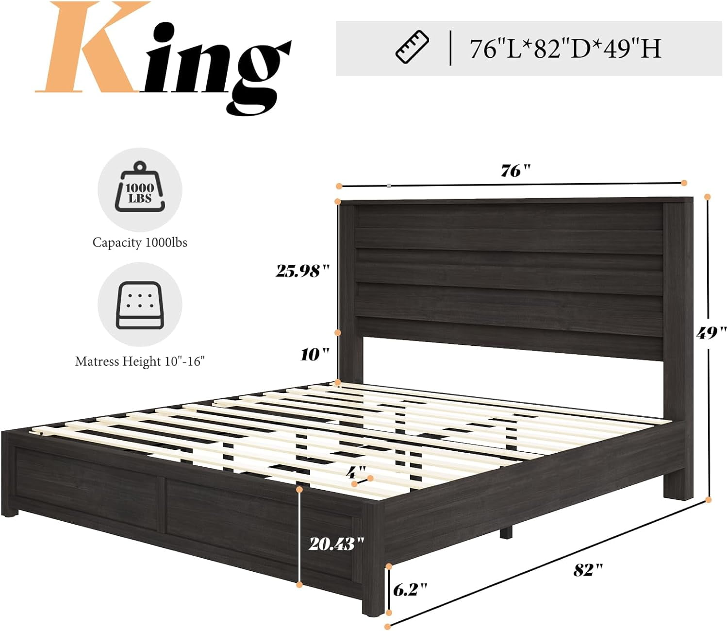 LUXOAK King Size Bed Frame with Natural Wood Platform, 49" Fluted Headboard, Black