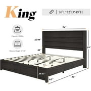 Papajet 49 H King Size Bed Frame with Headboard, Farmhouse Platform and Natural Wood Grain, Black