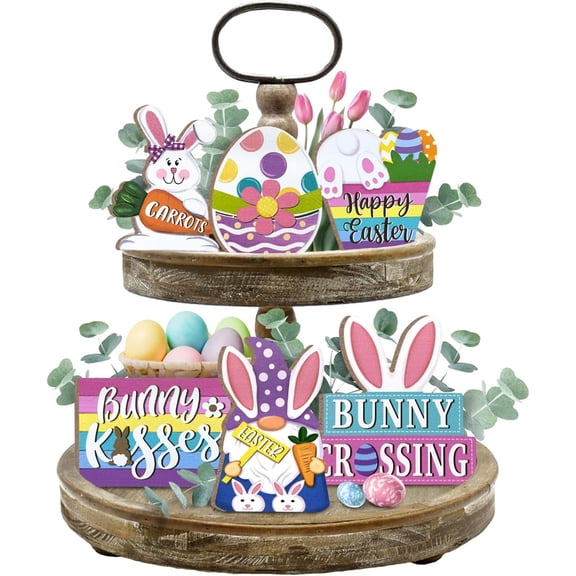 nvzhuang Easter Tiered Tray Decor Kit, Cute Rabbit Wooden Sign Desk Ornament for Holiday Party