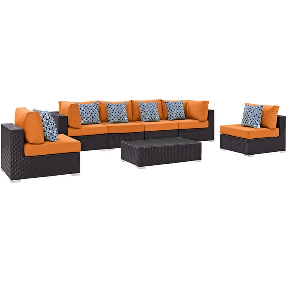 Modern Contemporary Urban Design Outdoor Patio Balcony Seven PCS Sectional Sofa Set, Orange, Rattan