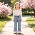 thumbnail image 5 of UYYX Girls Jeans Little Girls Light Wash Girly Bell Bottom Jeans Cuff Comfort Casual Pants for Autumn Spring（Blue,5 Years）, 5 of 5