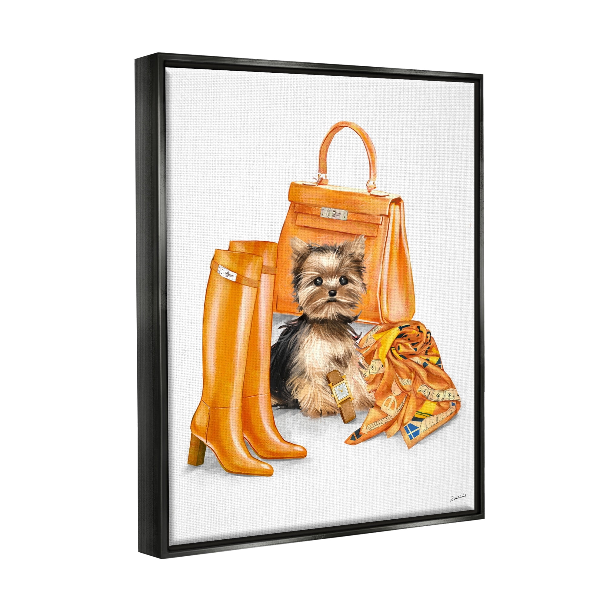 Stupell Industries Orange Yorkie Puppy Dog Fashion Purse Accessories Jet Black Framed Floating Canvas Wall Art, 16x20, by Ziwei Li