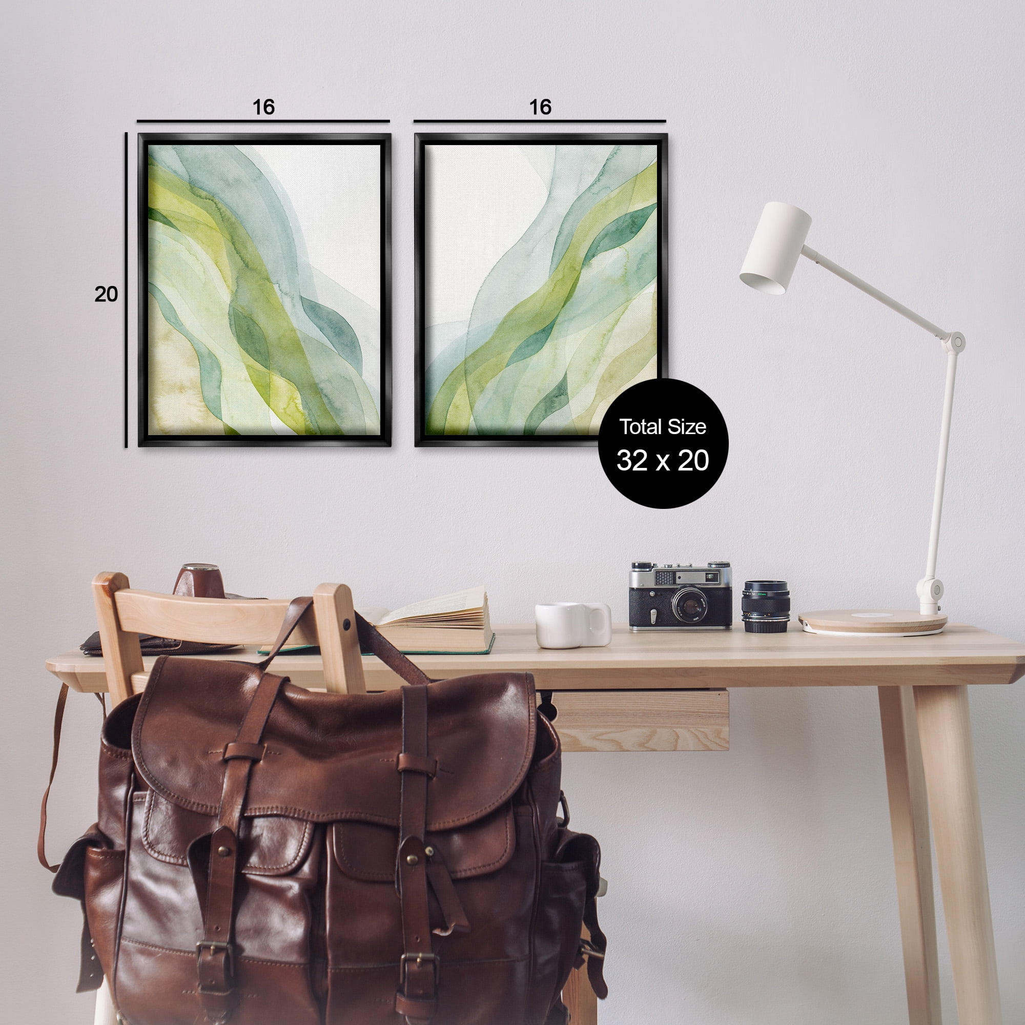 Stupell Industries Abstract Green Waves Abstract Painting Black Floater Framed Canvas Art Print Wall Art, 17 x 21, Set of 2
