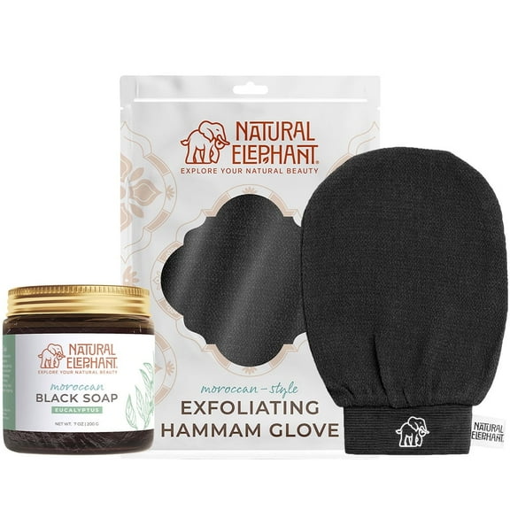 Natural Elephant Moroccan Black Soap 200g (7oz) and Exfoliating Hammam Glove (Black) Combo