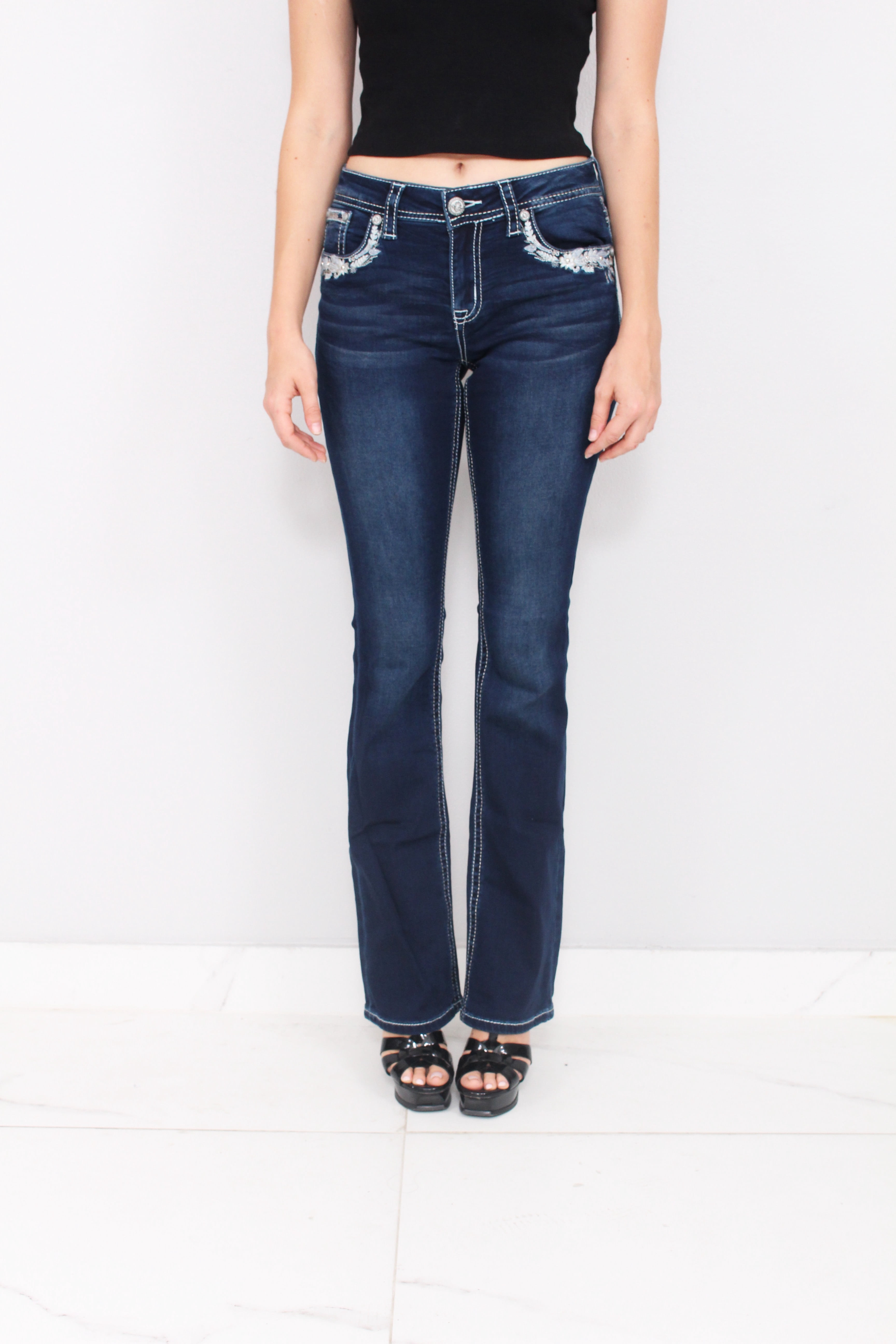 Silver Floral Embellished Bootcut Jeans 