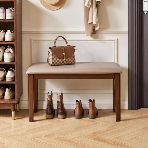 Leumius Wood Bench with Breathable Tech Fabric Cushion,Multi-Use Farmhouse Upholstered Stool for Bedroom & Living Room