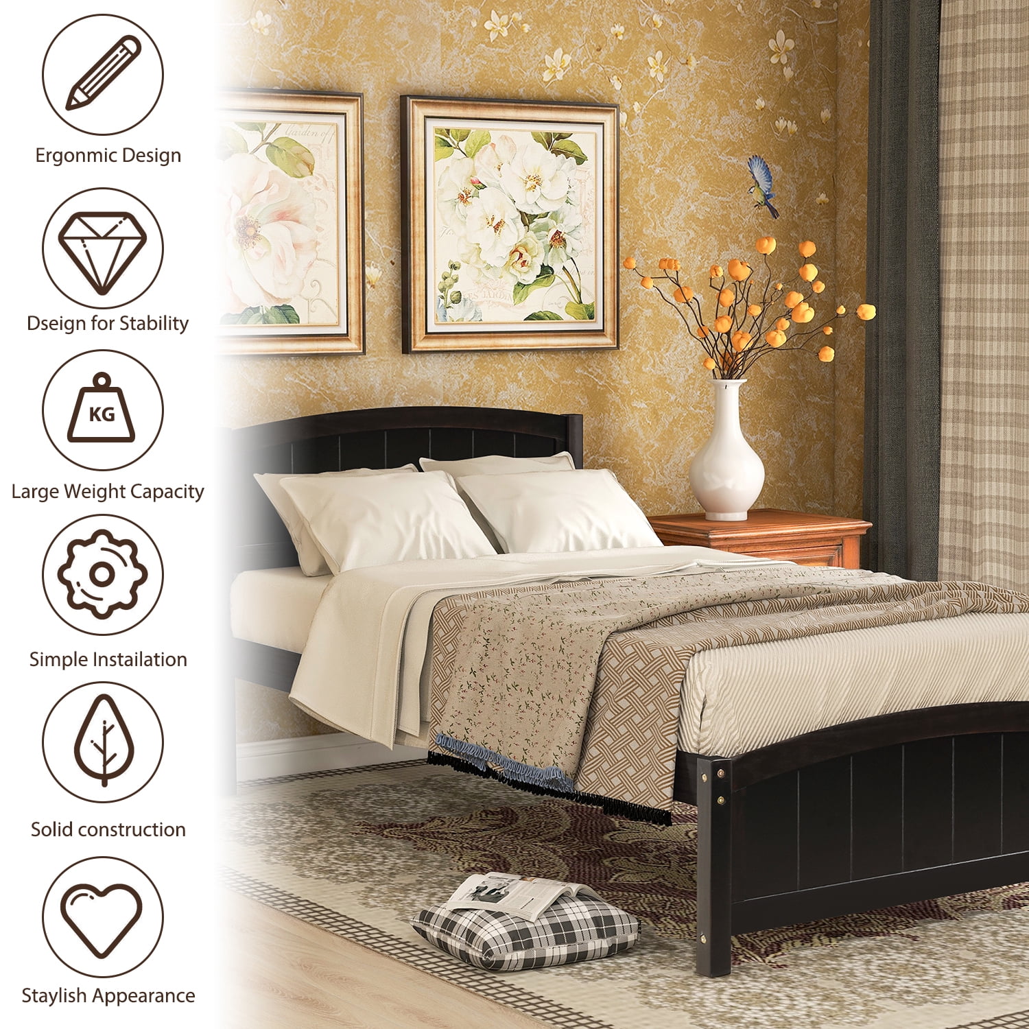 Aukfa Solid Wood Bed Frame, Twin Platform Bed with Headboard, Espresso