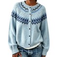 thumbnail image 2 of Women's Crew Neck Button Down Cardigan Sweater Fair Isle Snowflake Pattern Soft Knit Color Block Outerwear for Fall Winter, 2 of 7