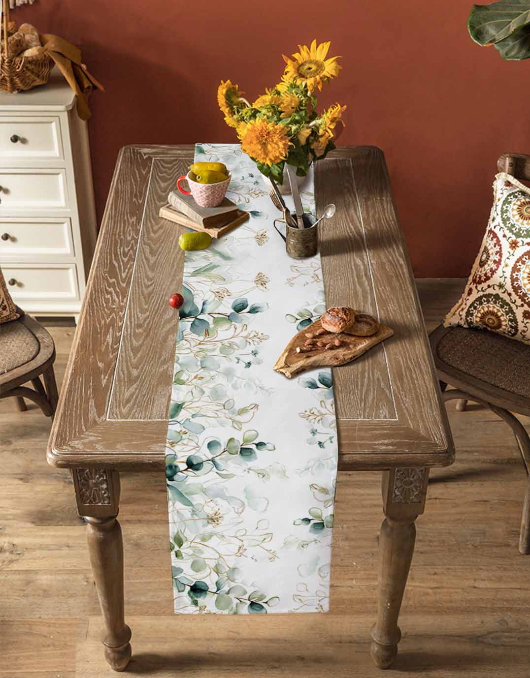 Eucalyptus Leaves Table Runner 70 Inches, Watercolor Sage Green Golden Floral Bed Runner Dresser Scarves Tabletop for Indoor Outdoor Parties/Ceremony/Banquet, 13" x 70"