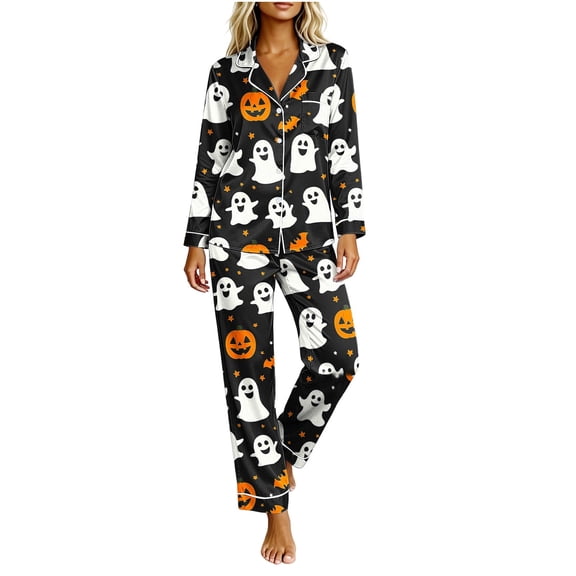 SETOOFF Halloween Womens Pajama Sets Pumpkin Ghost Print Turndown Collar Tops Loose Pants Cute Funny Sleepwear Plus Size Womens Clothing