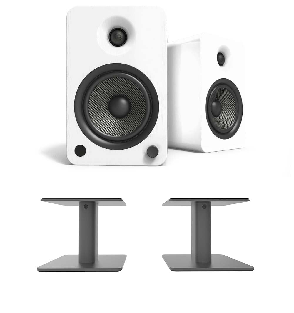 Kanto YU6MW 200W Bookshelf Speakers with Bluetooth - Matte White (Pair) with Kanto SP6HD 6" Fixed-Height Desktop Stands - Black (Pair) (2022)