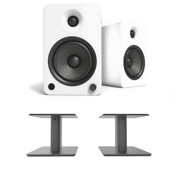 Kanto YU6MW 200W Bookshelf Speakers with Bluetooth - Matte White (Pair) with Kanto SP6HD 6" Fixed-Height Desktop Stands - Black (Pair) (2022)