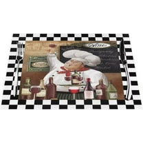 Kitchen Chef with Wine Placemats Set of 6, Black Plaid Funny Placemats for Dining Table Farmhouse Place Mats for Kitchen Table Waterproof Table Mats, Wipeable Dining Table Set (18" L x 12" W)