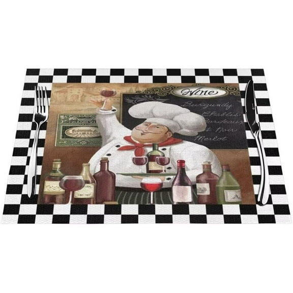 Kitchen Chef with Wine Placemats Set of 4, Black Plaid Funny Placemats for Dining Table Farmhouse Place Mats for Kitchen Table Waterproof Table Mats, Wipeable Dining Table Set (18" L x 12" W)