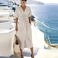 thumbnail image 5 of YUGYXL Women Striped Short Sleeve V Neck Midi Dress Retro Patchwork A-Line Casual Wrap Waist Dresses Beach Going Out Outfits A Beige L, 5 of 5