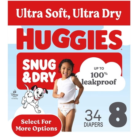 Huggies Snug & Dry Baby Diapers, Size 8 (45+ lbs), 34 Count (Select for More)