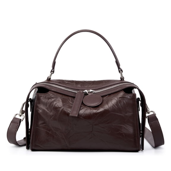 Genuine Cowhide Women Handbag, Coffee Brown Wrinkled Leather Pillow Crossbody Bag