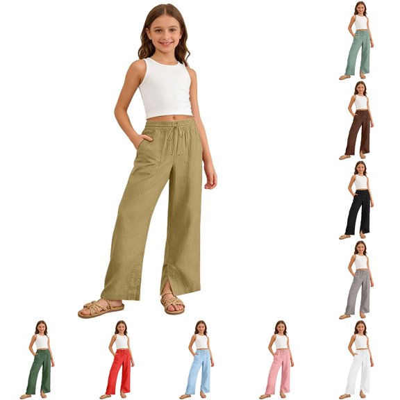 ZXLBBD Girls Wide Leg Drawstring Elastic Waist Split Hem Loose Solid Color Trousers with Pockets Beach Vacation Fashion Causal Daily Wear,Khaki,Size 15 Y-16 Y