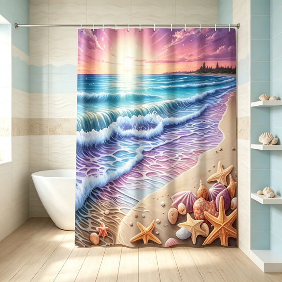MIZHONA Ocean Beach Shower Curtain Summer Seashells Coastal Bathroom Curtain with Hooks for Seaside Sunset Decor 72"X72"