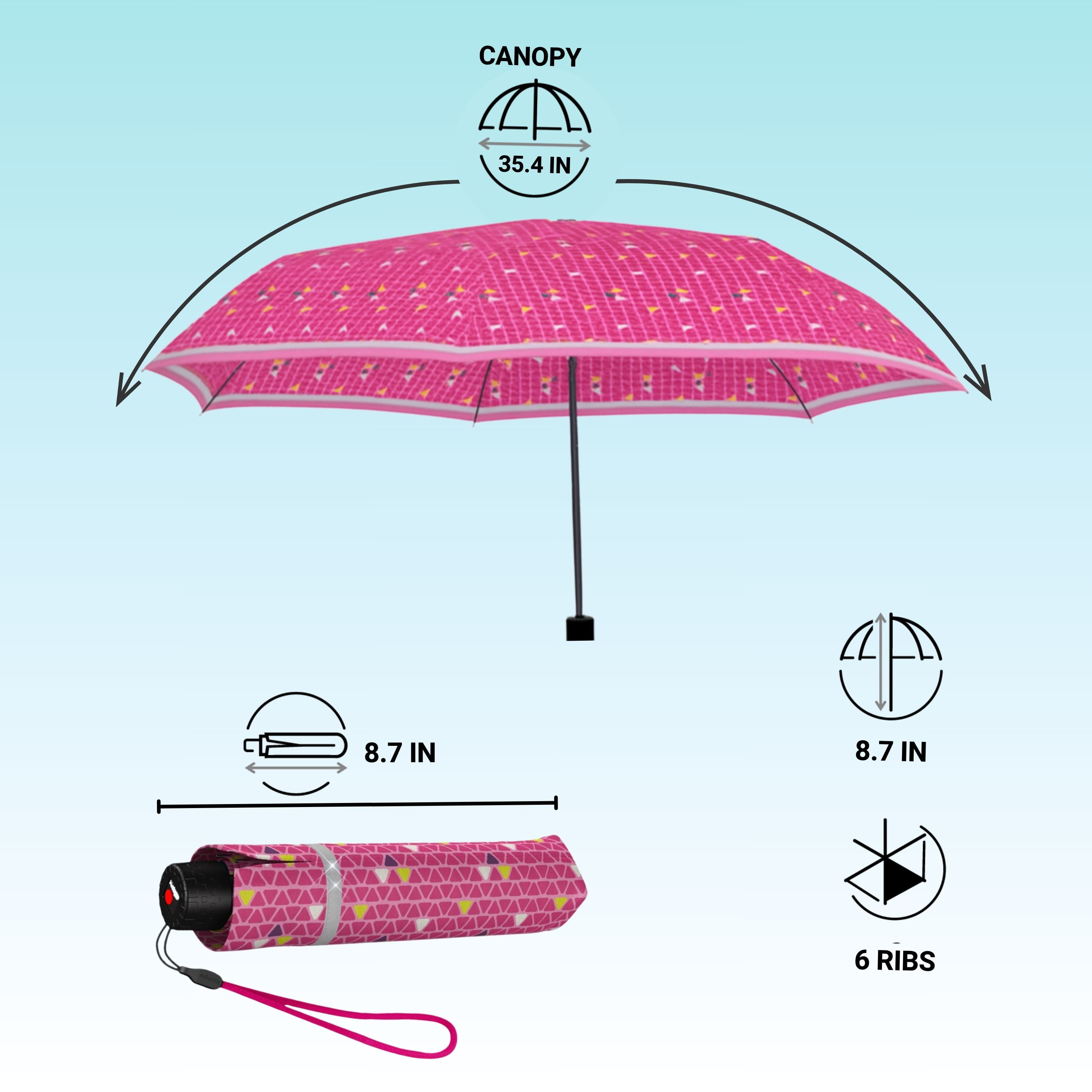 Knirps Triple Pink Rookie Manual Rain Umbrella for Elementary and Middle School Kids – 35.4" Canopy with Reflective Safety Stripe, Lightweight Design, Wind Tunnel Tested, Carrying Case Included
