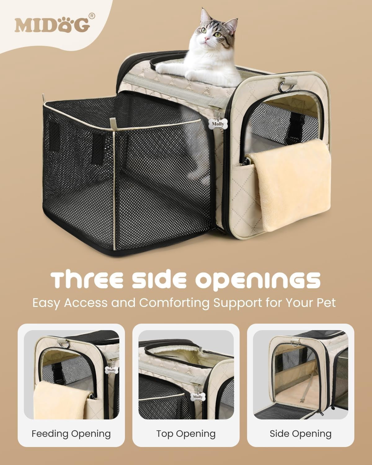 Soft Sided Cat Carrier for Small to Medium Cats, TSA Approved, Collapsible Travel Bag with Expandable Space and Breathable Window (Beige)