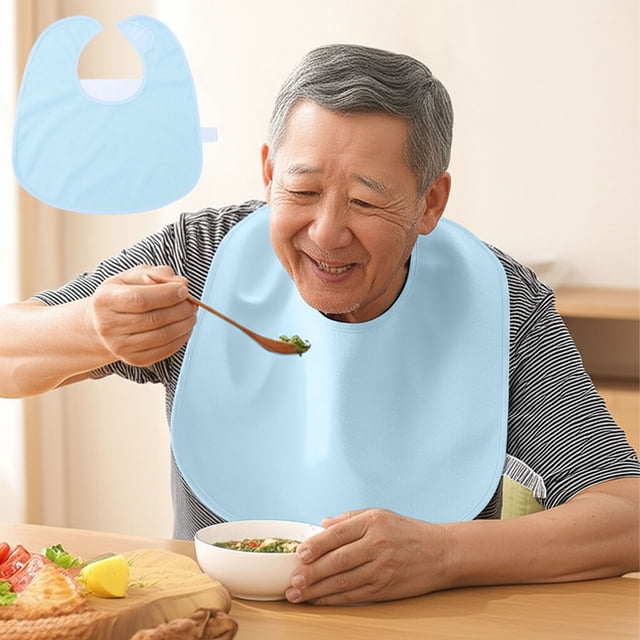 Adjustable Washable Adult Bib for Eating, Large Coverage Clothing Protector with Hook Loop Closure, Reusable Drooling Bib for Seniors Elderly Disabled Adults, Blue