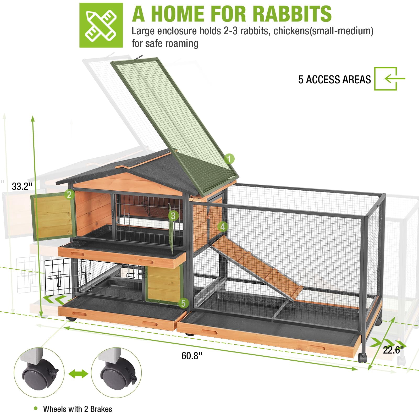 MEDEHOO Rabbit Hutch with Chew-Resistant Metal Frame Indoor Bunny Cage Outdoor Rabbit Cage with Wheels and Leakproof Tray
