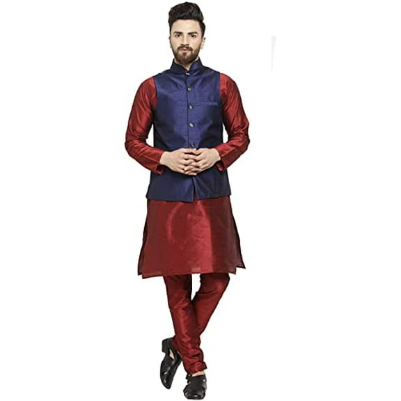 Royal Kurta Men's Silk Blend Kurta Pyjama And Nehru Jacket Set (44, Maroon-Royal Blue)