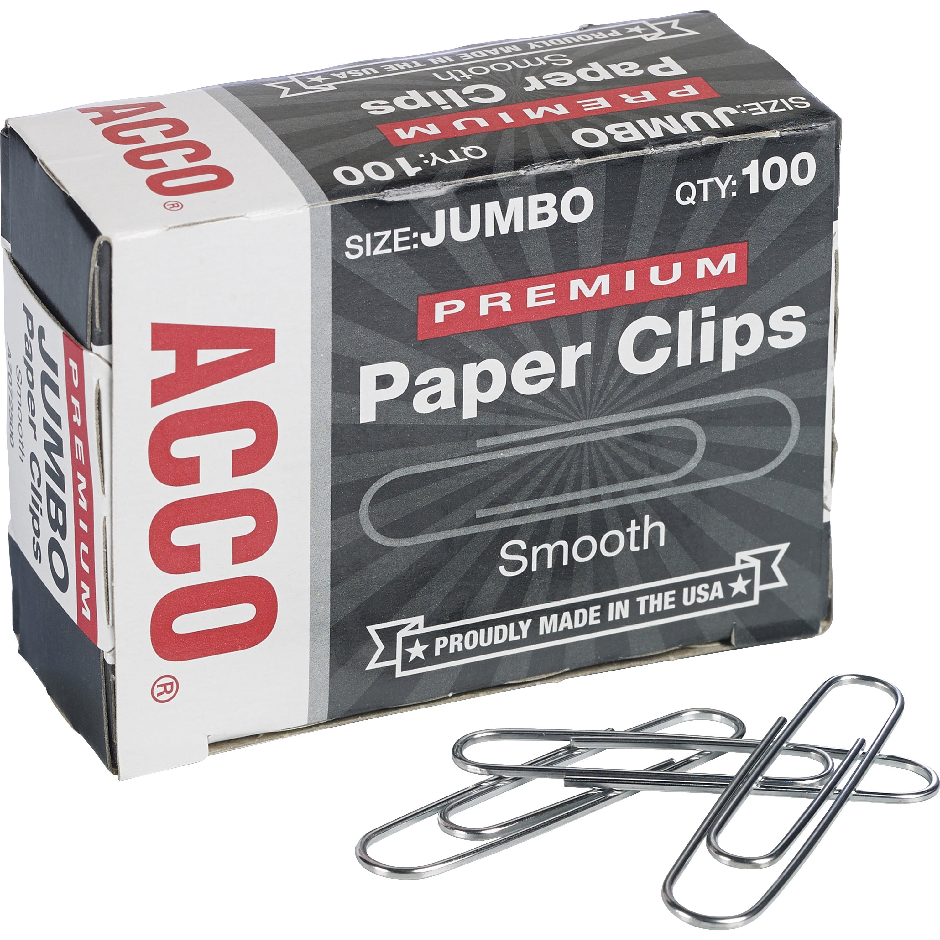 ACCO Smooth Finish Premium Paper Clips, Wire, Jumbo, Silver, 100 Clips Per Box, 10 Boxes Per Pack
