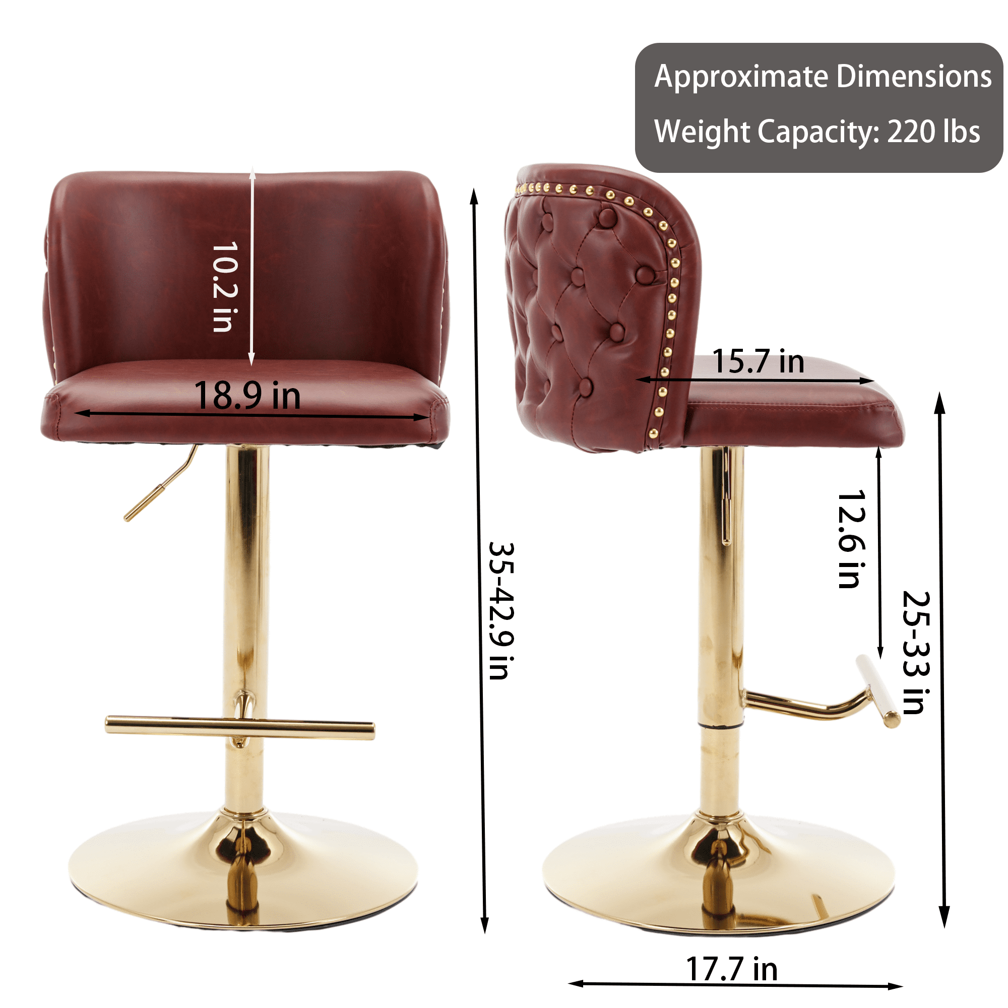 Round Kitchen High Bar Chairs with Golden Base PU Upholstered Bar Stool Chair Height Adjustable from 25-33 Inch Counter Chair with Back Swivel Barstool with Footrest for Kitchen (Set of 8)