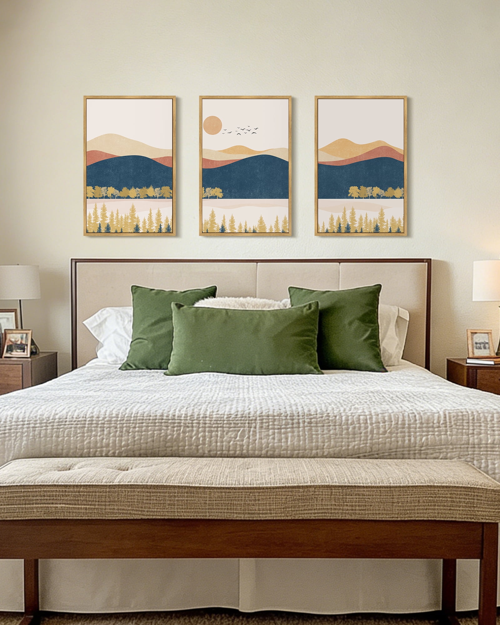 SHENIFY Large 24x36in3pcs Natural Framed Bohemain Mountain Landscape Wall Art Watercolor Nature Artwork Painting Boho Farmhouse Rustic Home Decor