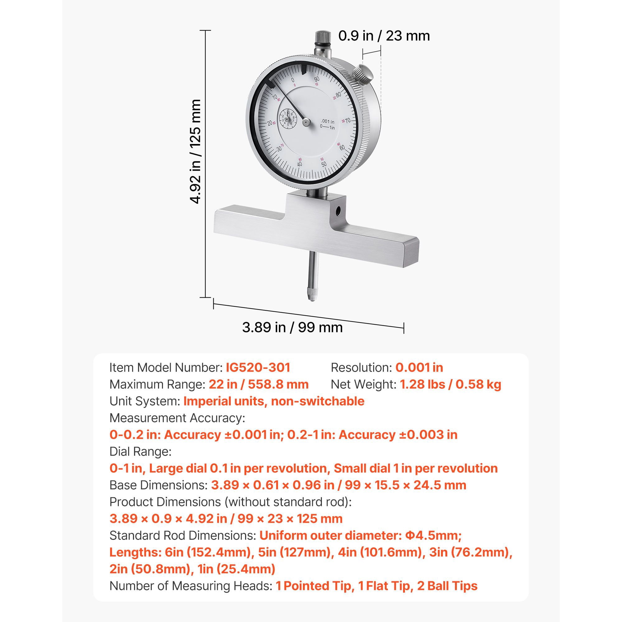 Depth Micrometer 0-1 Inch, ±0.001" Accuracy 0.001" Resolution, Precision Depth Measuring Tool for Machining Engine Parts Fine Components