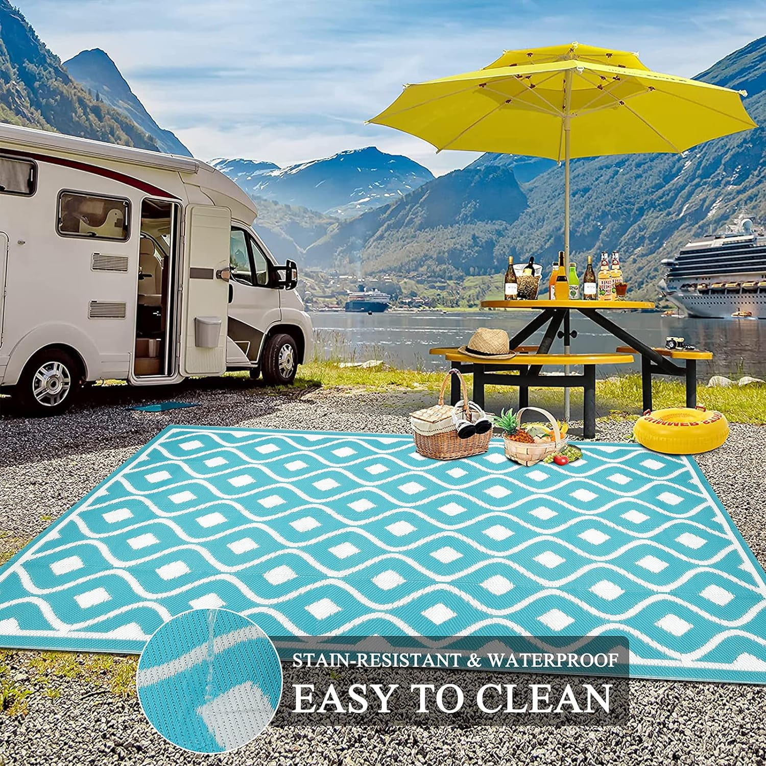 Findosom 8'x10' Large Outdoor Rug Waterproof Patio Rug RV Outdoor Mat Reversible Plastic Straw Area Rug Mat Camping Rugs Floor Mat for Outdoors,RV,Patio,Backyard,Deck,Picnic,Beach,Trailer Teal