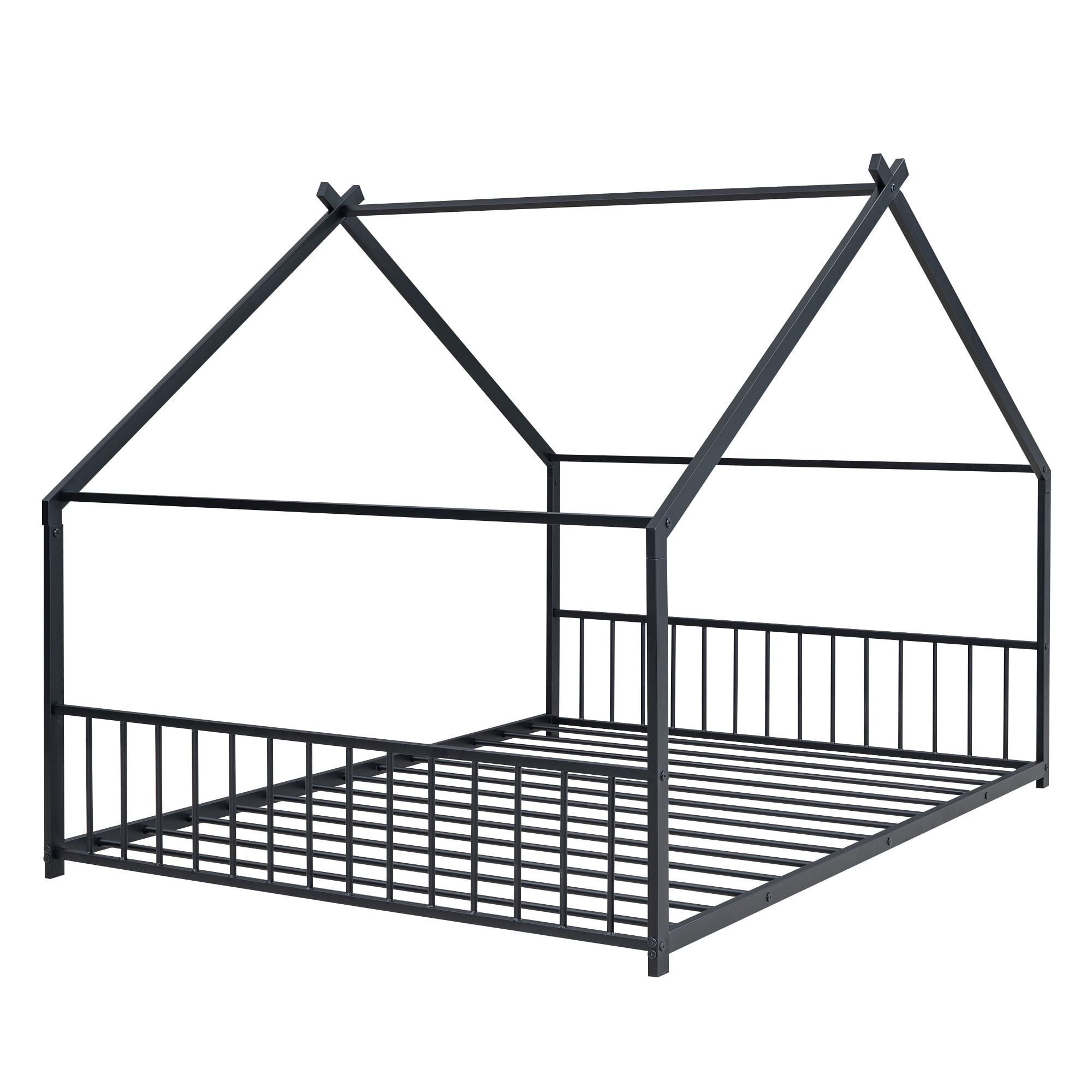 Full Size Kids House Floor Bed, Metal Montessori Floor Bed, Full Floor Bed Frame House Bed with Roof Frame and Slats Support for Boys Girls