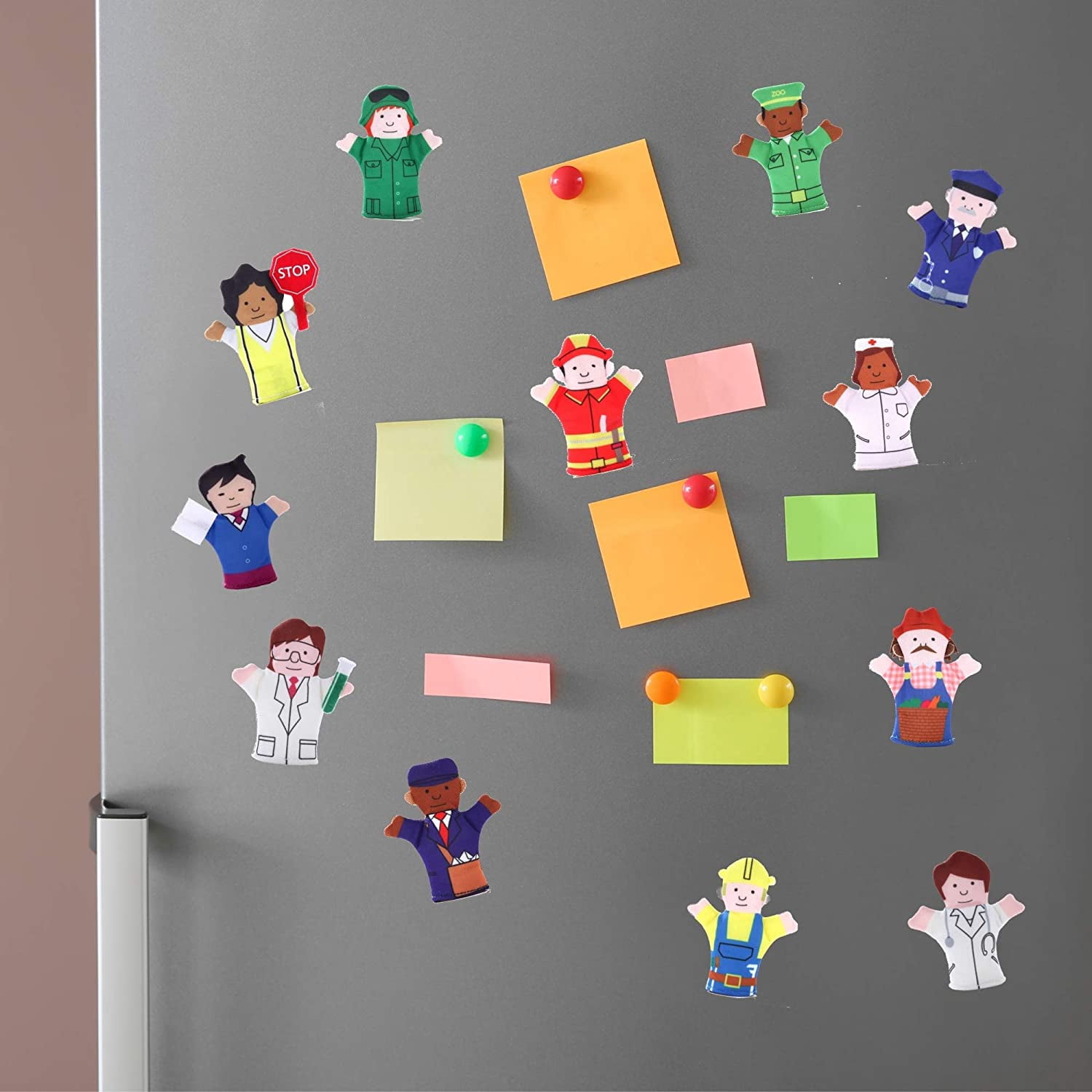 Magnet Happy Helpers People Toy Set for Fridge, Board and Refrigerator Magnets - Soft Fabric - 12 Pieces - Variety of Neighborhood People Characters