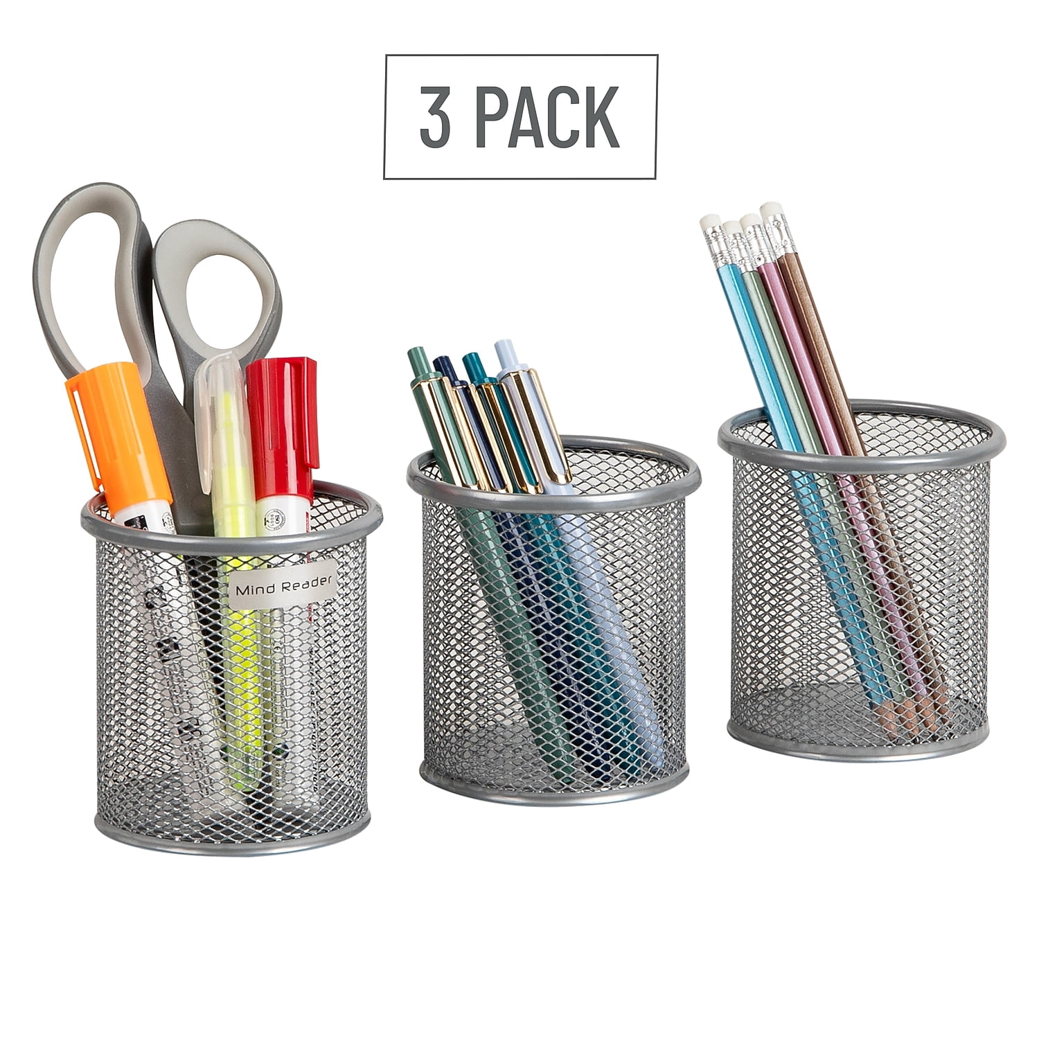 Mind Reader Metal Pen and Accessory Holder Desk Organizer Silver 3-Pieces (CLIPMESH3-SIL)