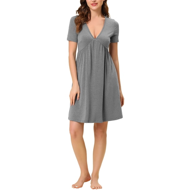 INSPIRAR CHIC Vestido de Noche para Mujeres Pijamas de Dormir Camisón de Cuello en V Profundo Bata de Noche M Gris