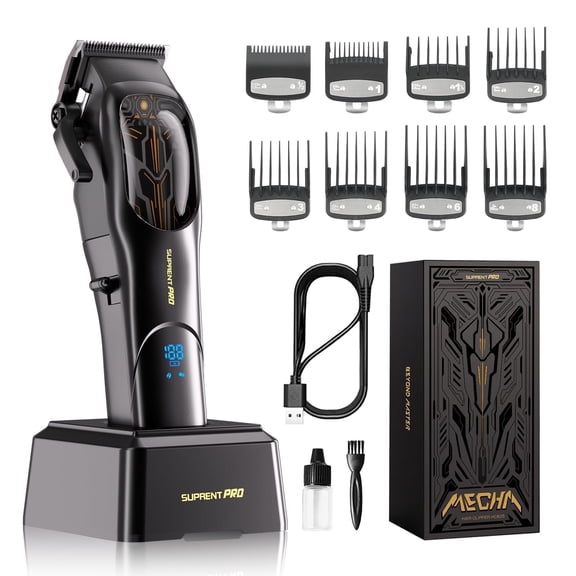 Professional Hair Clipper Set, Brushless Motor, DLC Ceramic Blade, Cordless Rechargeable, Black